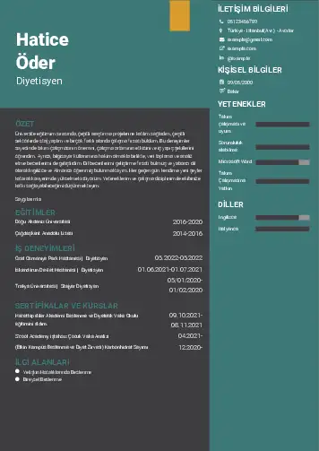 Beslenme Uzmanı Diyetisyen CV Örnekleri cv indir